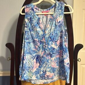 PREOWNED Lilly Pulitzer Breakwater Tint Party Wave Essie V Neck Tank Top 2Xl
